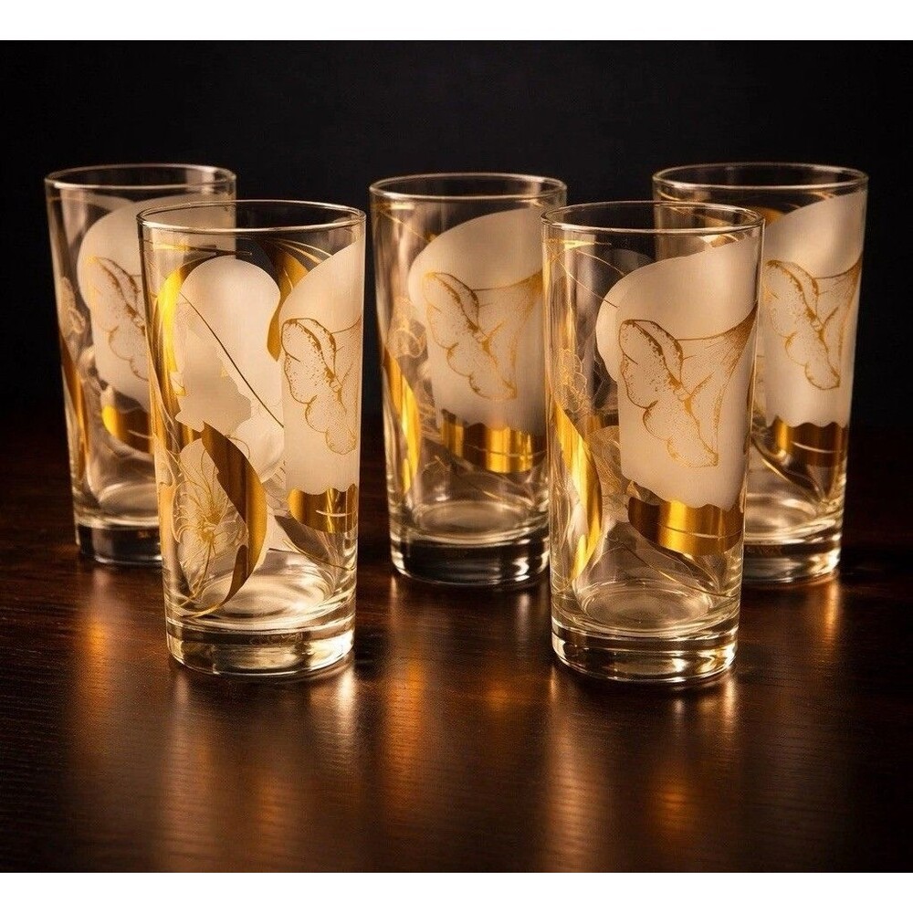Set of 5 Vintage CULVER Calla Lily Highball Rocks Glasses 22K Gold Frosted MCM